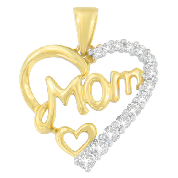 10K Yellow Gold Round Cut Diamond Mom Heart Pendant Necklace (0.25 cttw, H-I Color, I1-I2 Clarity)