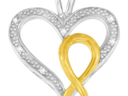 .925 Sterling Silver Two Toned 1/25 cttw Diamond Heart-Ribbon Pendant Necklace (I-J, I2-I3)