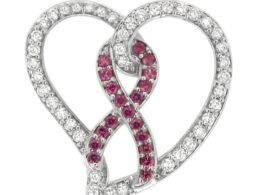 14K White Gold 3/4 Cttw White Diamond Awareness Ribbon & Open Heart 18" Pendant Necklace (H-I Color, I1-I2 Clarity) - 3/8 Cttw Created Pink Sapphire Ribbon