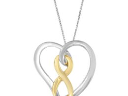 14K Gold and Silver Heart Bow Pendant Necklace