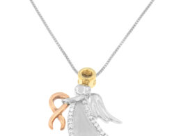 10K Tri-Color Gold Diamond-Accented Angel Awareness Ribbon Pendant Necklace (H-I Color, I1-I2 Clarity)