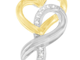 10K Yellow Gold and .925 Sterling Silver 1/20 cttw Diamond Ribbon-Heart Pendant Necklace (H-I, I1-I2)