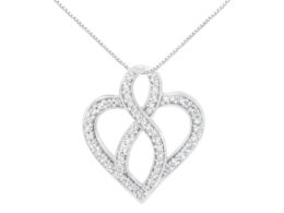14K White Gold 1/4 cttw Round Cut Diamond Heart and Ribbon Center Pendant Necklace (H-I, I1-I2)