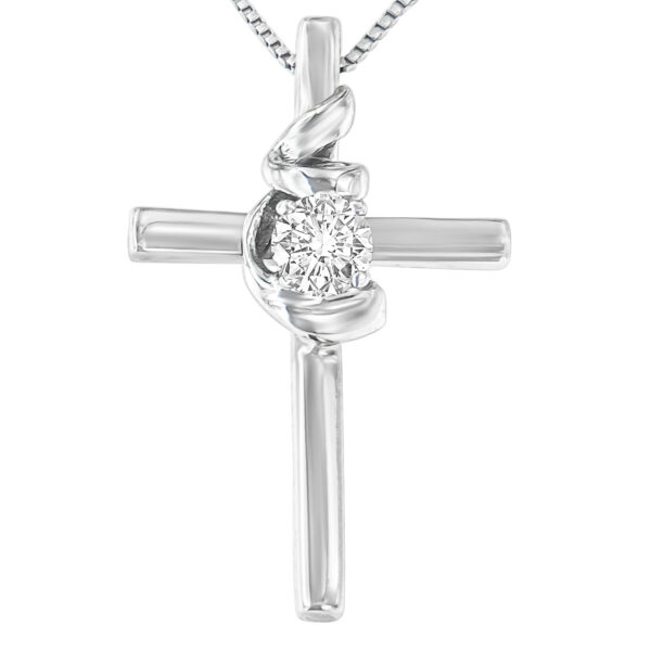 10K White Gold 1/10 Carat Diamond Espira Spiral & Cross 18” Pendant Necklace (I-J Color, I2-I3 Clarity)