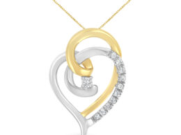 10K Yellow and White Gold Diamond Accent Open Double Heart Spiral Curl 18" Pendant Necklace (J-K Color, I2-I3 Clarity)