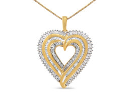 14K Yellow Gold Plated .925 Sterling Silver 1 1/2 Cttw Baguette Diamond Composite Heart 18" Inch Pendant Necklace (I-J Color, I1-12 Clarity)