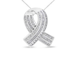 14K White Gold 2 5/8 Cttw Channel Set Round and Baguette Diamond Awareness Ribbon Pendant (H-I Color, I1-I2 Clarity) - Chain Not Included