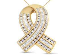 14K Yellow Gold 2 5/8 cttw Channel Set White Diamond Awareness Ribbon Pendant Necklace (G-H Color, VS1-VS2 Clarity) - NO CHAIN
