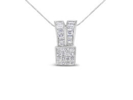 14K White Gold 1 5/8 cttw Princess and Baguette Cut Diamond Heart Ribbon Pendant Necklace (G-H, VS1-VS2)