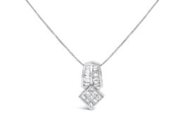 14K White Gold 1 1/2 cttw Princess and Baguette Cut Diamond Multi-shape Pendant Necklace (G-H, VS1-VS2)