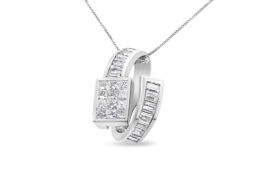 14K White Gold 2 cttw Princess and Baguette Cut Diamond Double Loop Pendant Necklace (G-H, VS1-VS2)