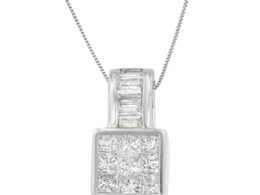 14K White Gold Princess and Baguette Cut Diamond Square Halo Pendant Necklace (1 1/2 cttw, H-I Color, SI1-SI2 Clarity)