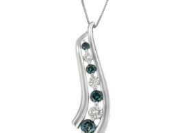 14K White Gold White and Color Treated Blue Round Cut Diamond Swoop Pendant Necklace (1.00 cttw, H-I Color, I1-I2 Clarity)