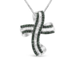 14K White Gold 1 cttw Treated Blue Baguette Diamond Curved Cross Pendant Necklace (H-I, SI2-SI1)