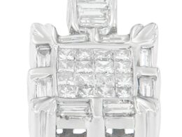 14K White Gold Baguette and Princess Cut Diamond Square Halo Pendant Necklace (3/4 cttw, H-I Color, SI2-I1 Clarity)