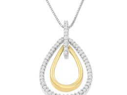 14K Two-Tone Gold Round Cut Diamond Double Burst Pendant Necklace (1/4 cttw, H-I Color, SI2-I1 Clarity)