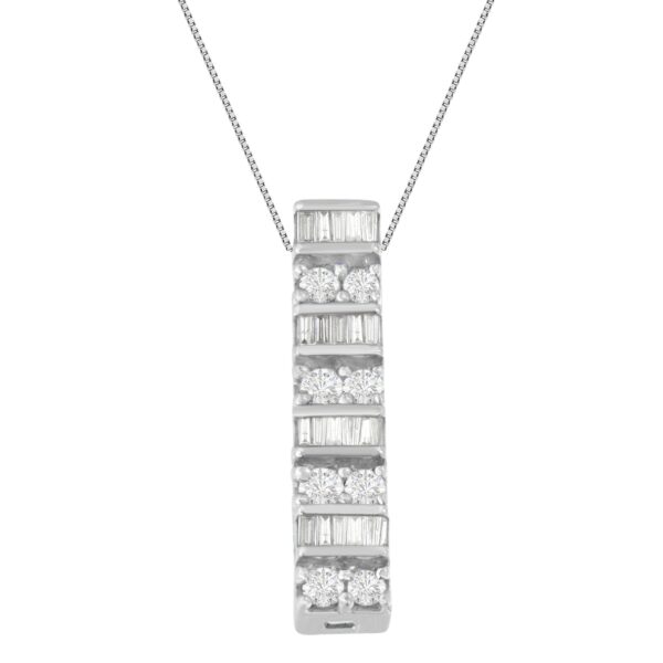 14K White Gold Round and Baguette Cut Diamond Pendant Necklace (5/8 cttw, H-I Color, I1-I2 Clarity)