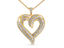 14K Yellow Gold Plated .925 Sterling Silver 3/4 Cttw Round and Baguette-Cut Diamond Open Heart 18" Pendant Necklace (I-J Color, I2-I3 Clarity)