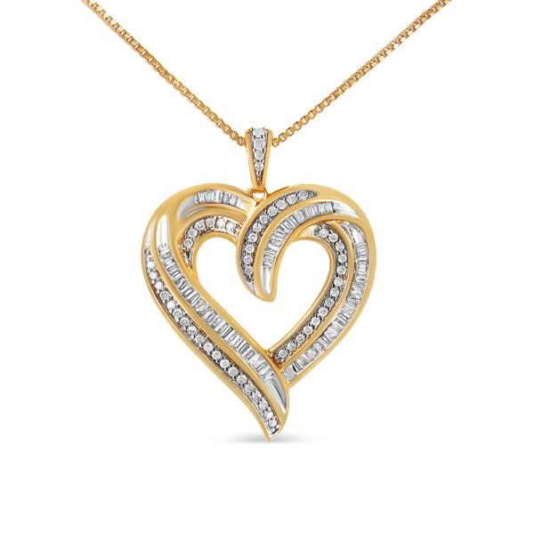14K Yellow Gold Plated .925 Sterling Silver 3/4 Cttw Round and Baguette-Cut Diamond Open Heart 18" Pendant Necklace (I-J Color, I2-I3 Clarity)