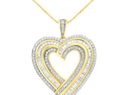 14K Yellow Gold Plated .925 Sterling Silver 1 3/8 Cttw Baguette Diamond Composite Heart 18" Inch Pendant (I-J Color, I1-I2 Clarity)