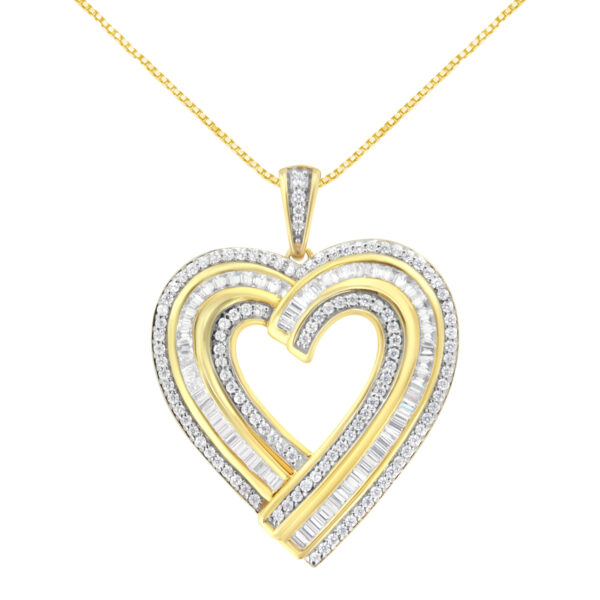 14K Yellow Gold Plated .925 Sterling Silver 1 3/8 Cttw Baguette Diamond Composite Heart 18" Inch Pendant (I-J Color, I1-I2 Clarity)