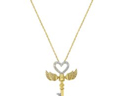 10K Yellow Gold over .925 Sterling Silver Diamond Accented Heart Angel Wing Key to Heaven 18" Rope Chain Pendant Necklace (H-I Color, I2-I3 Clarity)