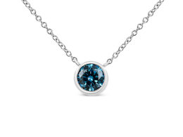 14K White Gold 1/2 Cttw Blue Lab Grown Diamond Modern Bezel-Set Solitaire 16"-18" Pendant Necklace (Blue Color,  VS2-SI1 Clarity)