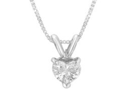14K White Gold 3-Prong Set Heart Shaped Solitaire Diamond 18" Pendant Necklace (H-I Color, VS2-SI1 Clarity) - Choice of Carat Weight (0.3300)