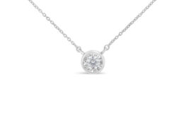 10K White Gold 1/4 Carat Round Diamond Miracle Plate Bezel Set Modern Suspended Round 18” Pendant Necklace (I-J Color, I2-I3 Clarity)