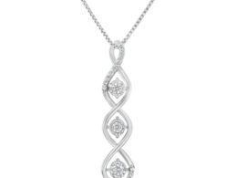 10K White Gold 1/2 cttw 3 Stone Diamond Drop Twisted Pendant Necklace (I-J, I2-I3)