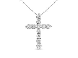 10K White Gold 1/2 Cttw Round Brilliant Cut Diamond Cross Pendant Necklace with Box Chain (I-J Color, I1-I2 Clarity) - 18"