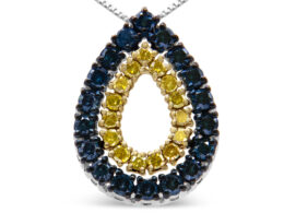 14K Yellow Gold Plated .925 Sterling Silver 1/2 Cttw Treated Blue and Yellow Diamond Double Pear Shaped 18" Pendant Necklace (Blue Color, I2-I3 Clarity)