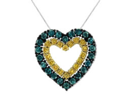 14K Yellow Gold Plated .925 Sterling Silver 1/2 cttw Color Treated Diamond Heart Pendant Necklace (Blue, Yellow, I2-I3 Clarity) - Size 18"