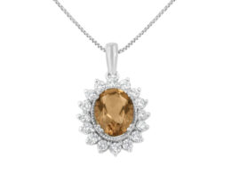 10KT White Gold Diamond and 9MM Morganite Gemstone Oval Pendant Necklace (1/2 cttw, H-I Color, I1-I2 Clarity)