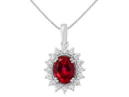 10K White Gold Created 9MM Ruby Gemstone and Natural Diamond Pendant Necklace (H-I Color, I1-I2 Clarity)