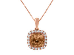 10K Rose Gold 1/4ct Diamond and 8MM Peach Morganite Gemstone Square Pendant (H-I, I1-I2)