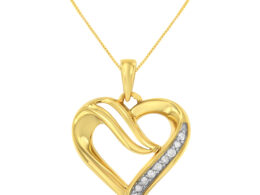 10K Yellow Gold Plated .925 Sterling Silver 1/10 Cttw Diamond Heart 18" Pendant Necklace (I-J Color, I2-I3 Clarity)