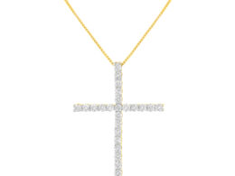10K Yellow Gold Plated .925 Sterling Silver 2.0 Round Shape Cttw Diamond Cross Pendant Necklace (H-I Color, I2-I3 Clarity) - 18"