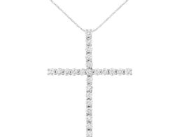 .925 Sterling Silver 3.0 Cttw Round Shape Diamond 1-1/2" Cross Pendant with Box Chain Necklace (I-J Color, I2-I3 Clarity) - 18"