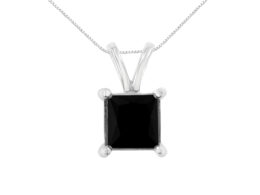 .925 Sterling Silver 2 cttw Treated Black Princess Diamond Solitaire Pendant Necklace (Black)