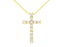 10K Yellow Gold 1.0 Cttw Shared Prong Set Round Brilliant Cut Diamond Cross 18" Pendant Necklace (J-K Color, I2-I3 Clarity)