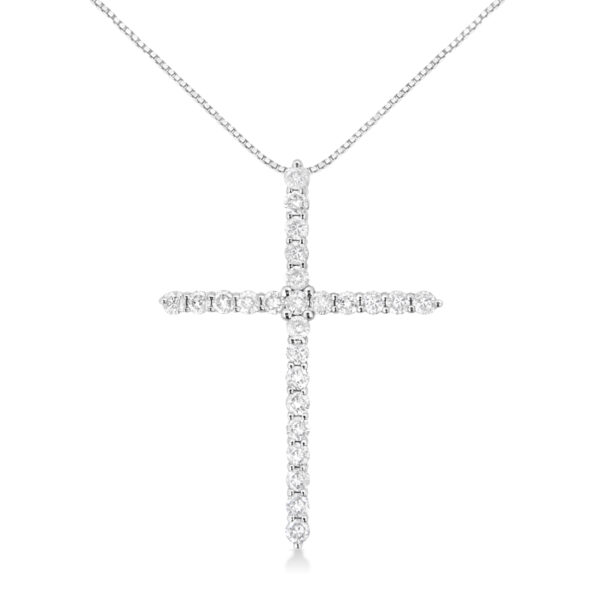 .925 Sterling Silver 2 cttw Prong Set Round-Cut Diamond Cross 18" Pendant Necklace (I-J Color, I2-I3 Clarity)