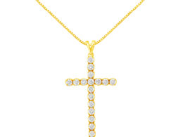10k Yellow Gold Plated .925 Sterling Silver 2.0 cttw Classic Prong Set Round-Cut Diamond Cross 18" Pendant Necklace (J-K Color, I1-I2 Clarity)