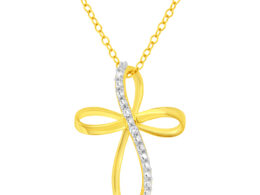 10K Yellow Gold Plated .925 Sterling Silver Diamond Accent Cross Ribbon 18" Pendant Necklace (I-J Color, I2-I3 Clarity)
