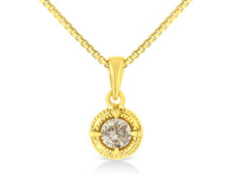14K Yellow Gold Plated .925 Sterling Silver 1/2 Cttw Brilliant Round Cut Diamond Solitaire Milgrain 18" Pendant Necklace (K-L Color, I2-I3 Clarity)