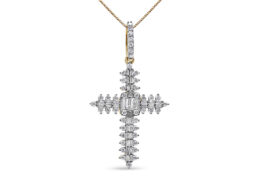10K Yellow Gold 7/8 Cttw Round & Baguette Diamond Zigzag Pattern Cross Pendant Necklace (H-I Color, SI2-I1 Clarity) - NO CHAIN INCLUDED