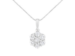 14K White Gold 2.00 Cttw Brilliant Round-Cut Diamond 7 Stone Flower Cluster 18" Pendant Necklace (H-I Color, SI2-I1 Clarity)