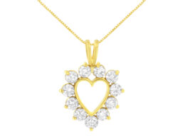 10K Yellow Gold Plated .925 Sterling Silver 1.00 Cttw Diamond Halo Open Heart 18" Pendant Necklace (L-M Color, I1-I2 Clarity)