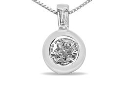 10K White Gold 1/4 Cttw Round and Baguette Diamond Bale and Solitaire 18" Pendant Necklace (I-J Color, I2-I3 Clarity)