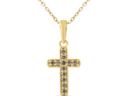 10K Yellow Gold Flashed .925 Sterling Silver 1/4 Cttw Champagne Diamond Cross Pendant Necklace (K-L Color, I1-I2 Clarity) - 18"